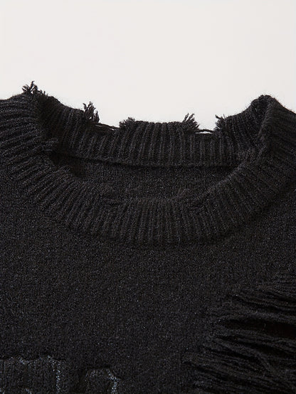 Stylish Letters Pattern Ripped Knitted Pullover Sweater - Breathable, Casual, Long Sleeve, Crew Neck, Soft, Comfortable Top for City Walk, Street Hanging, Outdoor Activities, K-pop Fashion - Perfect for Men's Daily Wear