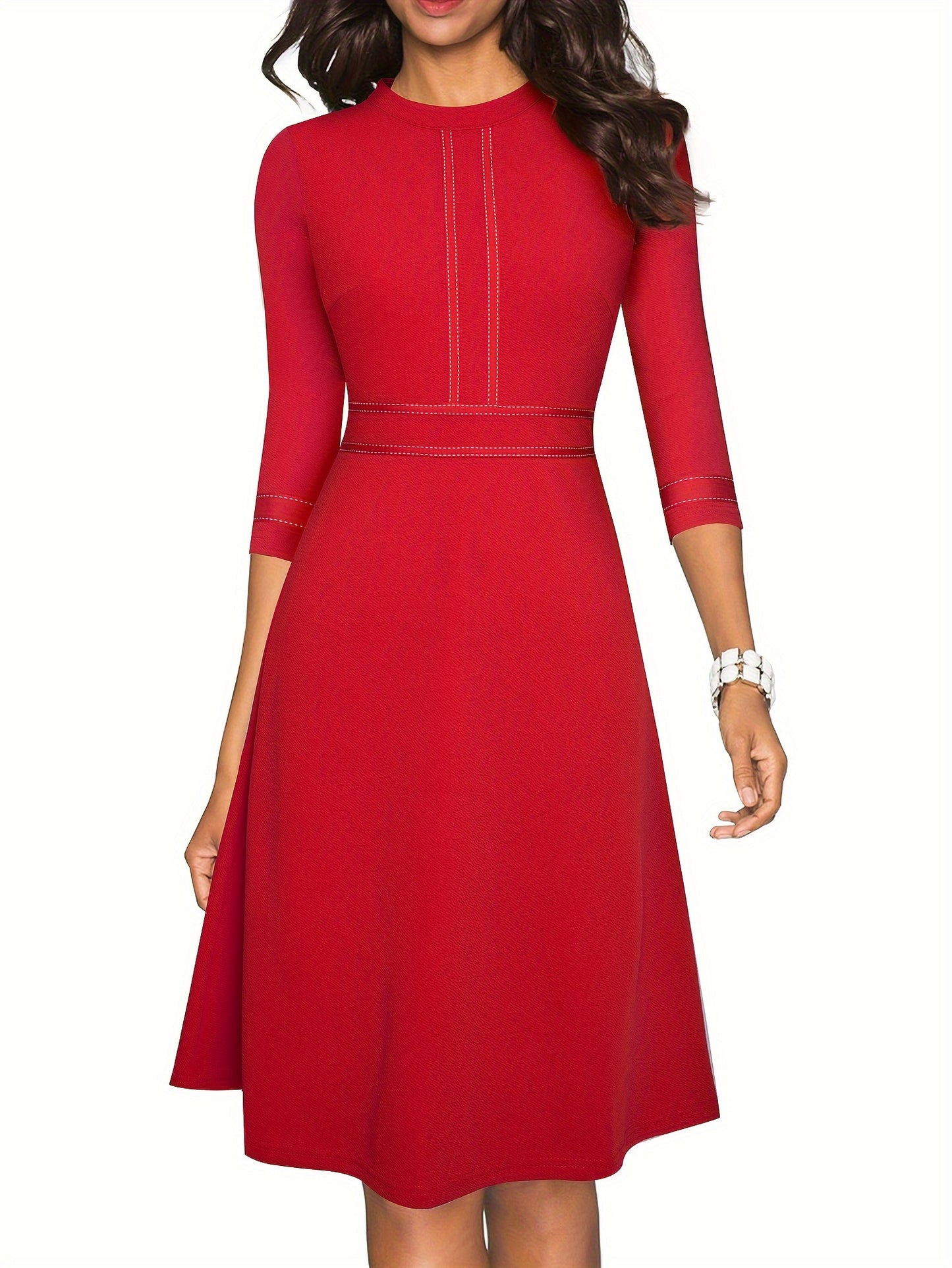 Chic Crew Neck A Line Dress with Flattering 3/4 Sleeves - Timeless Knee-Length Style for Multiple Occasions - Premium Womens Clothing