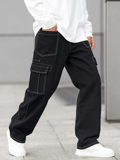 Men's Comfy Loose Fit Wide Leg Cargo Jeans - Stylish Multi-Pocket Denim Pants for Four Seasons - Versatile, Breathable, and Soft Fabric for Everyday Wear