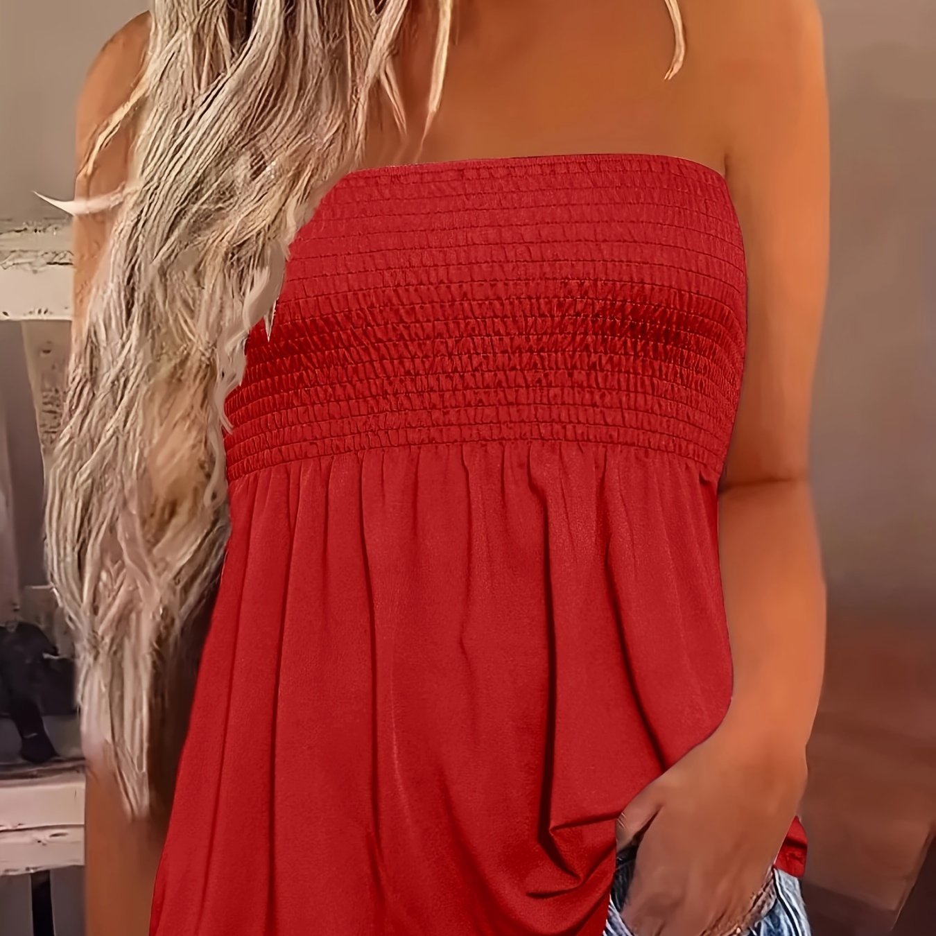 Stretchy Bandeau Shirred Tube Top - Elegant Strapless Summer Essential with High Elasticity Polyester Fabric - Perfect for Spring, Summer, and Fall Seasons