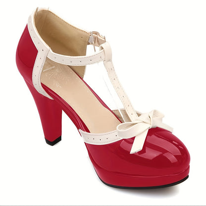 Womens Green T-Strap Pumps with Stylish Buckle & Comfort Foam - Delicate Bow Accent, High Heels, Ankle Height