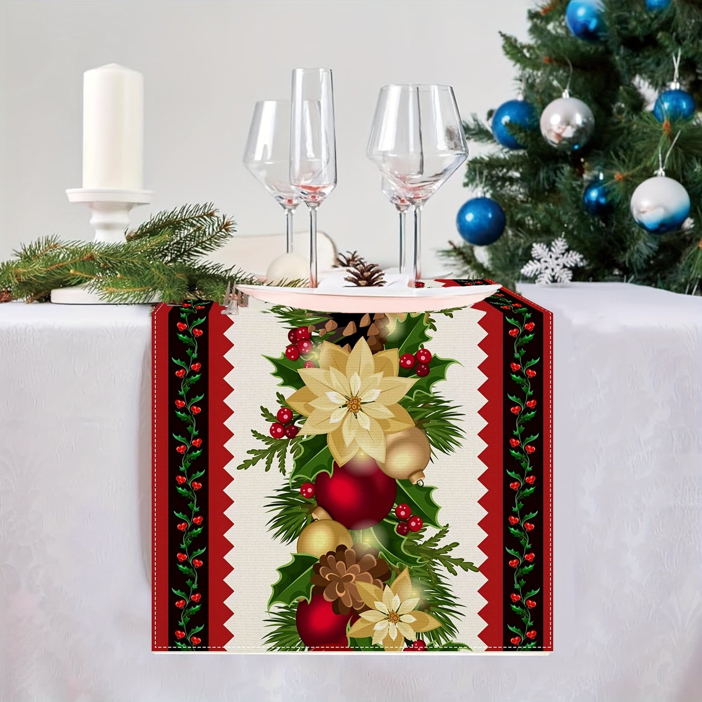 13" x 72" Festive Striped Table Runner - Vibrant Polyester Rectangular Cloth with Floral and Bell Design, Machine Washable, Fade Resistant, and Easy to Clean for Holiday Dining Decorations