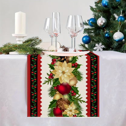 13" x 72" Festive Striped Table Runner - Vibrant Polyester Rectangular Cloth with Floral and Bell Design, Machine Washable, Fade Resistant, and Easy to Clean for Holiday Dining Decorations
