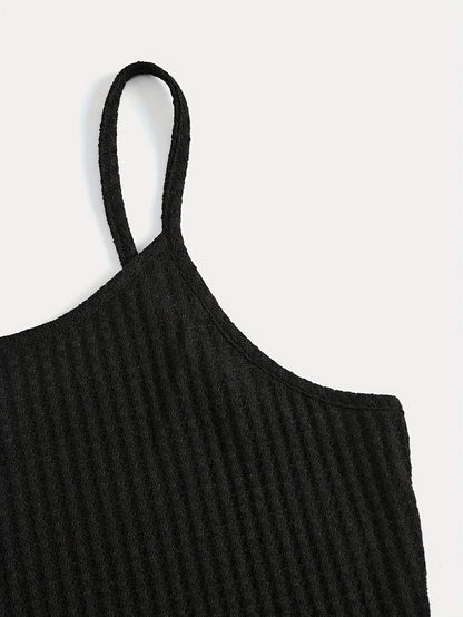 Solid Waffle Shorts Casual Set, Spaghetti Strap Sleeveless Crop Cami Top & Knotted Front Shorts Outfits, Women's Clothing