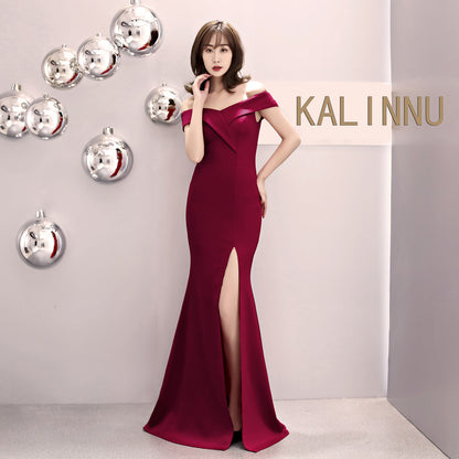 8642 #banquet evening dress 2017 new elegant long one-word shoulder fishtail host dress long dress