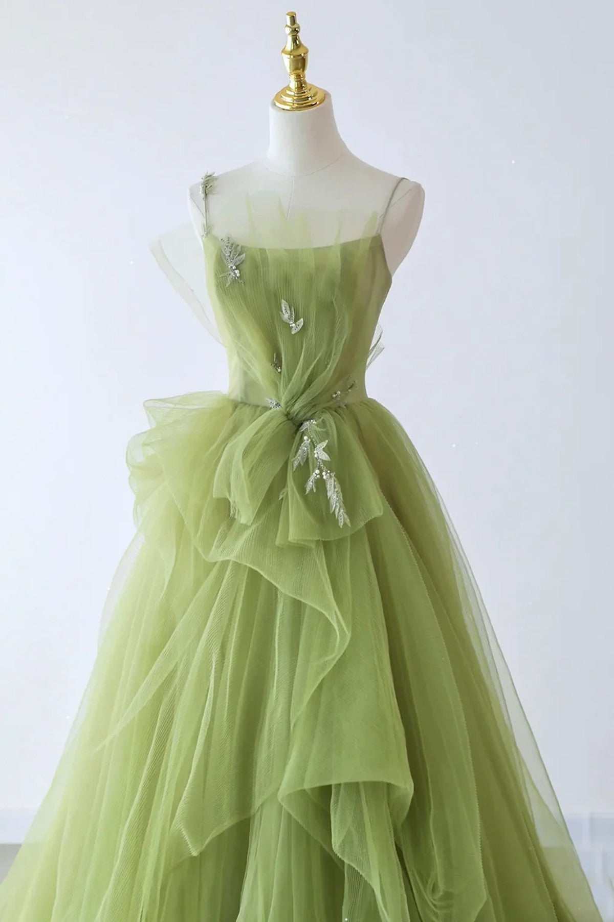 LOVECCRGreen Tulle Straps Long Formal Dress, Green Tulle Evening Dress Party Dress