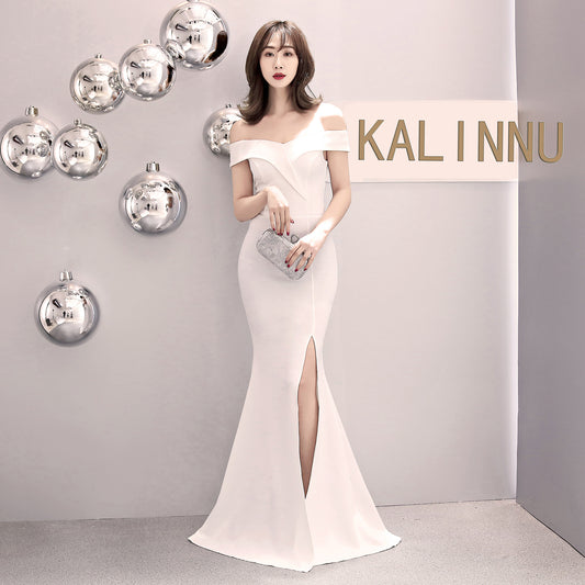 8642 #banquet evening dress 2017 new elegant long one-word shoulder fishtail host dress long dress