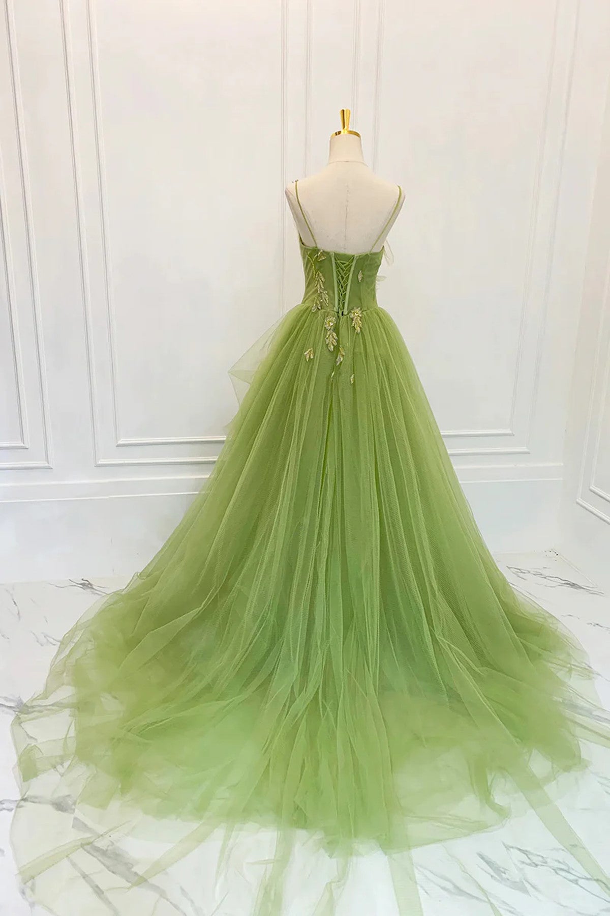 LOVECCRGreen Tulle Straps Long Party Dress, Green Tulle Lace Prom Dress