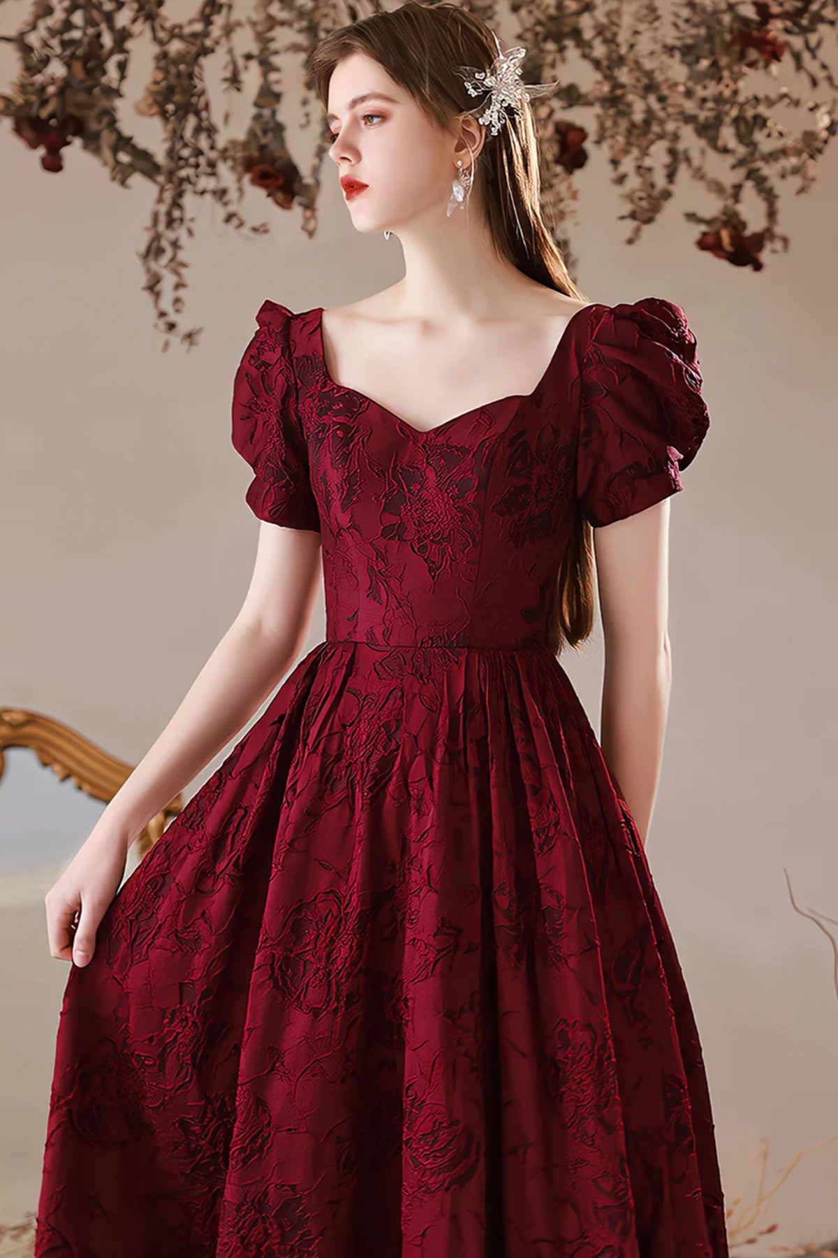 LOVECCRWine Red Sweetheart Floral A-line Prom Dress, Wine Red Evening Dress Party Dress