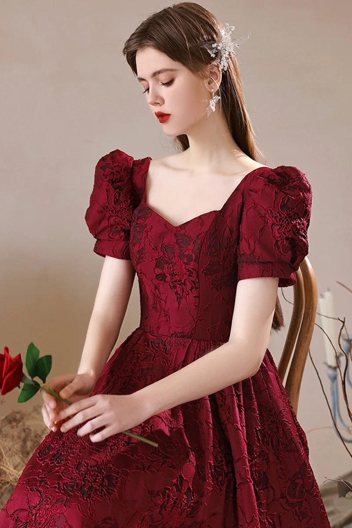 LOVECCRWine Red Sweetheart Floral A-line Prom Dress, Wine Red Evening Dress Party Dress