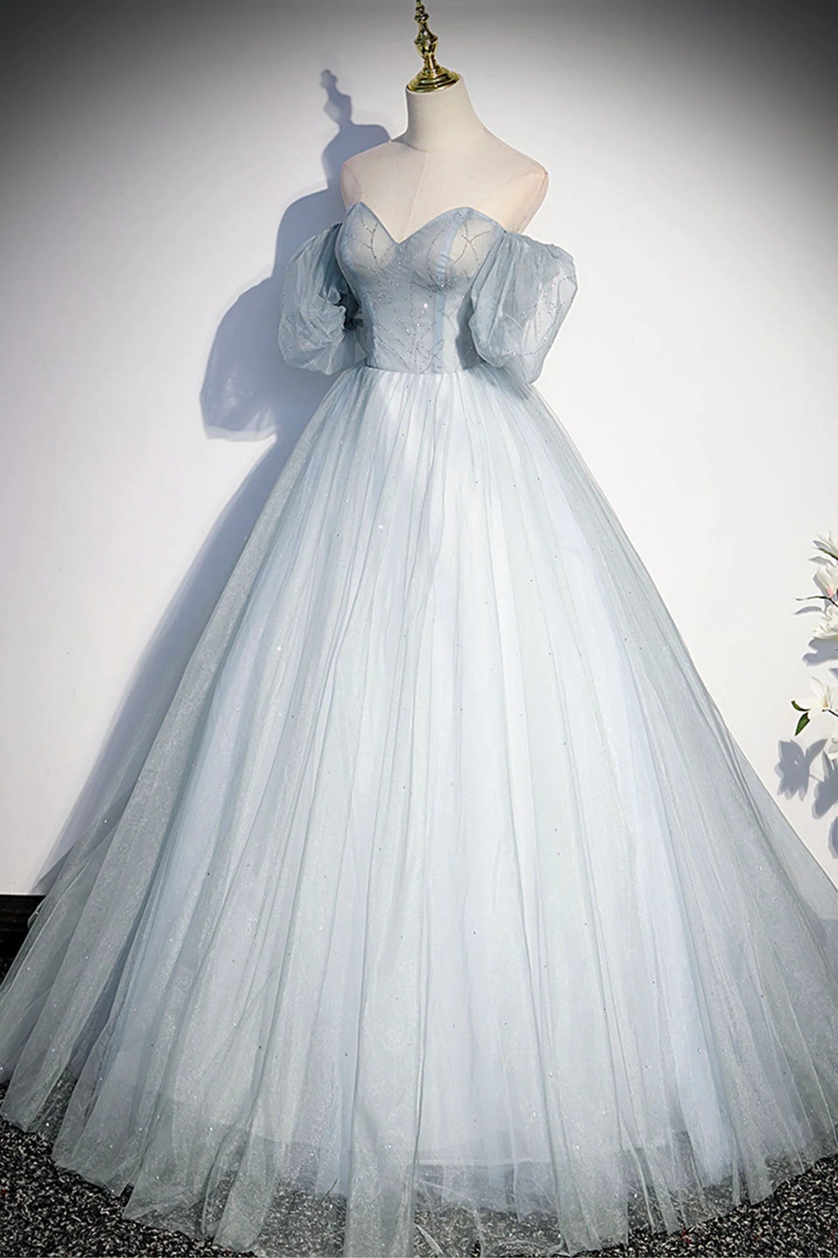 LOVECCRLovely Light Blue Tulle Sweetheart Long Evening Dress, Light Blue Prom Dress