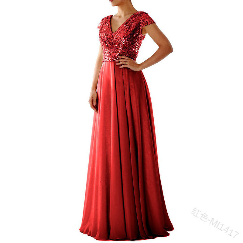New new spring and summer  women's sleeveless dress V-neck sequined temperament chiffon splicing evening dress