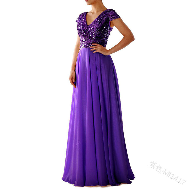 New new spring and summer  women's sleeveless dress V-neck sequined temperament chiffon splicing evening dress