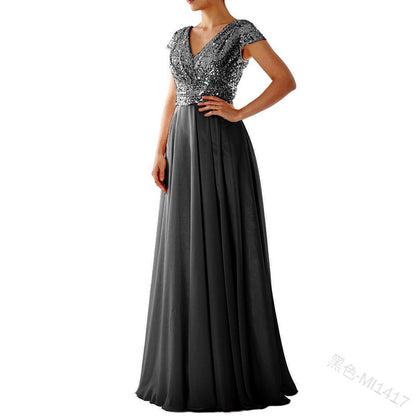 New new spring and summer  women's sleeveless dress V-neck sequined temperament chiffon splicing evening dress