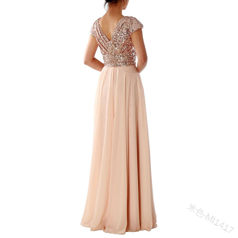 New new spring and summer  women's sleeveless dress V-neck sequined temperament chiffon splicing evening dress