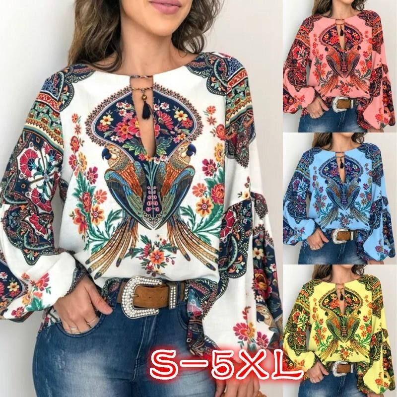 2025 spring and summer new women's clothing personalized women's clothing digital printing round neck lantern sleeve shirt 5006 in stock