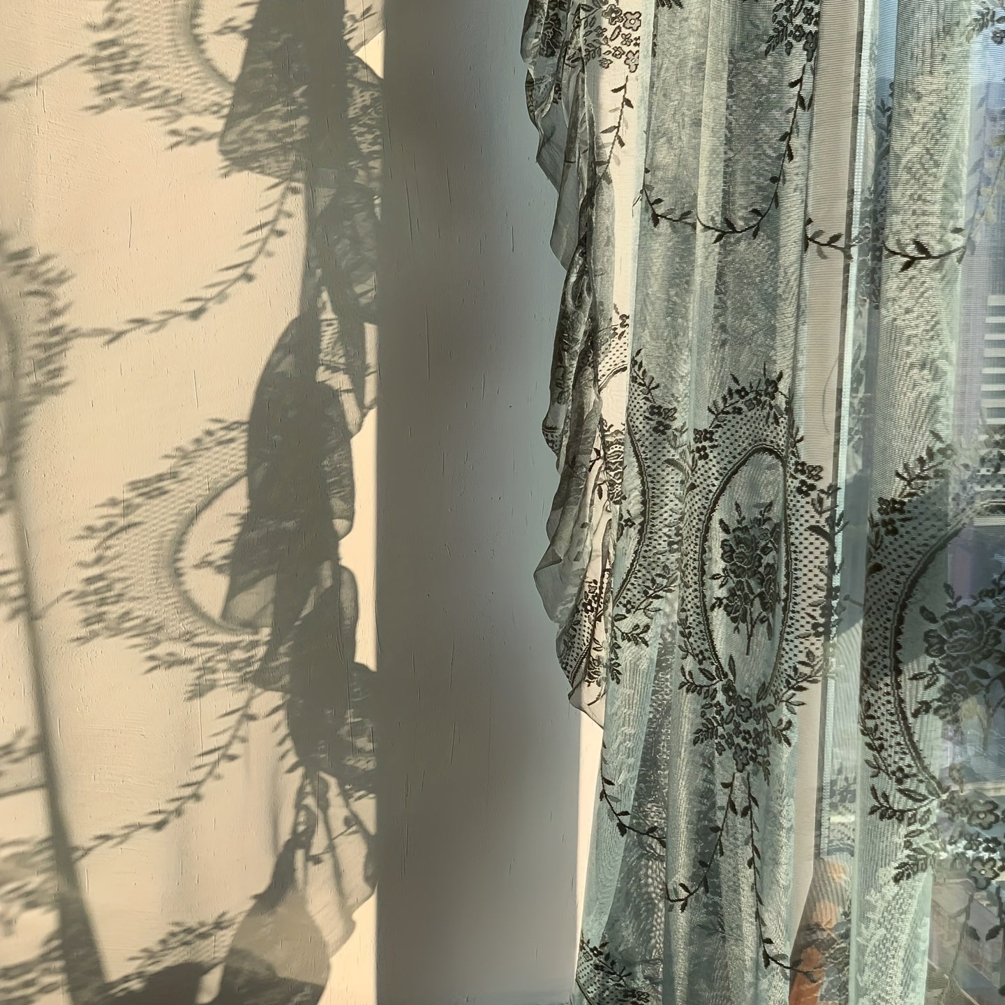 1pc Romantic Vintage Green Floral Embroidery Lace Voile Sheer Curtain - Ruffled Short Window Drapery for Bedroom Office Kitchen Living Room Study - Elegant Home Decor with Soft Filtered Light and Privacy