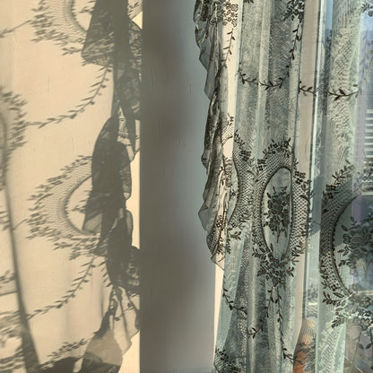 1pc Romantic Vintage Green Floral Embroidery Lace Voile Sheer Curtain - Ruffled Short Window Drapery for Bedroom Office Kitchen Living Room Study - Elegant Home Decor with Soft Filtered Light and Privacy