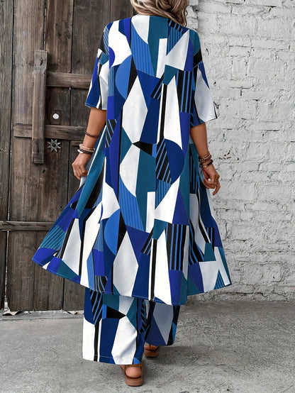 Chic Geometric Print Womens Pantsuit Set - Open Front Long Shirt & Wide Leg Pants - Stylish Casual Outfits for Fashion-Forward Ladies