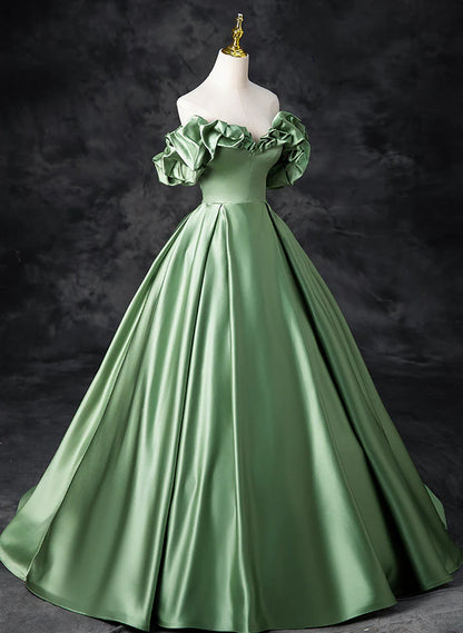 LOVECCRGreen Satin Off Shoulder Long Party Dress, A-line Green Prom Dress