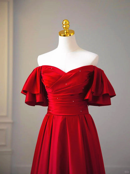 LOVECCRWine Red Satin Short Sleeves Long Party Dress, Wine Red Satin Prom Dress