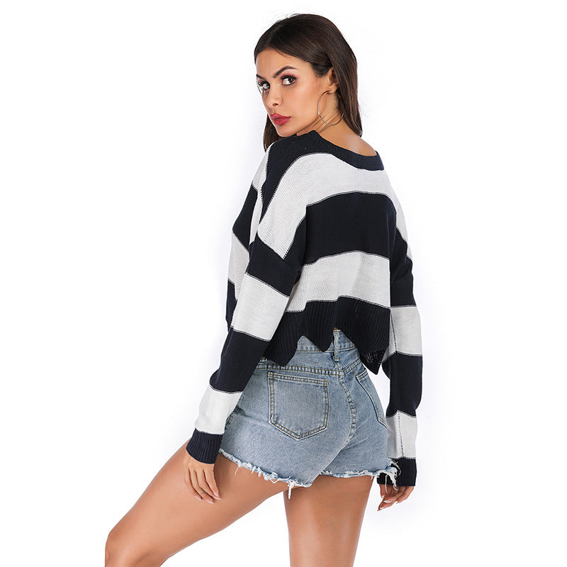LOVECCR  women's popular autumn and winter sweater women's 2025 wavy edge V-neck striped short open-navel loose knitted sweater