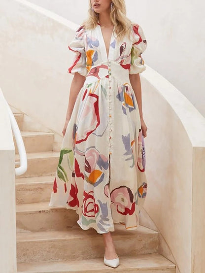 2025 spring New new   women's beach dress slim-fitting pendulum four-sided elastic printing dress