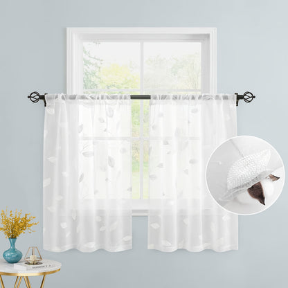 2pcs Sheer Curtains With Embroidery Leaf Pattern, Rod Pocket Faux Linen Floral Semi Curtains Voile Window Curtains Kitchen Curtains, Drapes for Bedroom Living Room