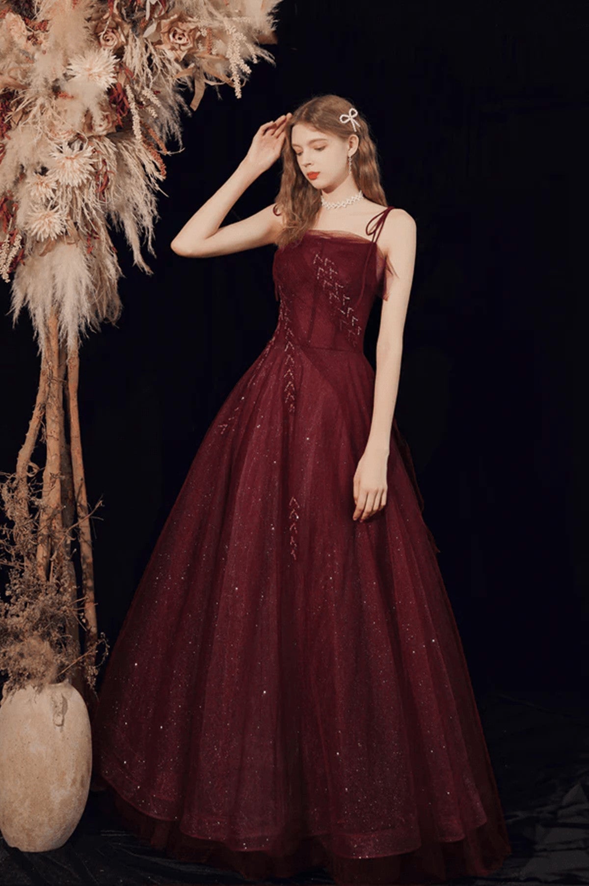 LOVECCRWine Red Straps Tulle Beaded Long Prom Dress, Wine Red A-line Evening Dress