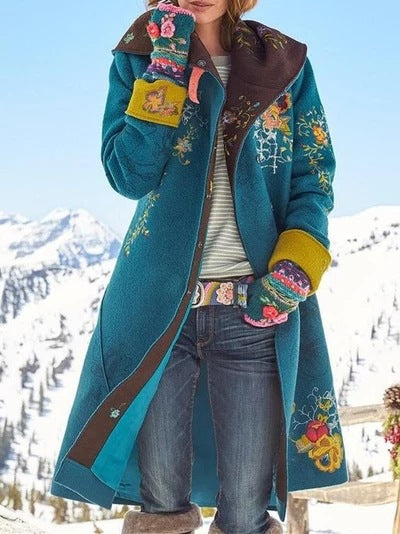 autumn and winter new  New Popular trade women's clothing  medium and long printed top long-sleeved woolen coat