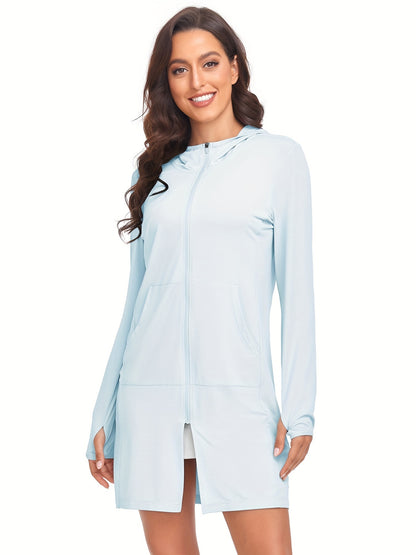 Water-Resistant Long Sports Jacket for Women - Sports Boating & Sailing Outerwear - Hooded, Long Sleeve, Breathable, Windproof, and Quick-Drying Clothing for Running, Hiking, and Outdoor Activities