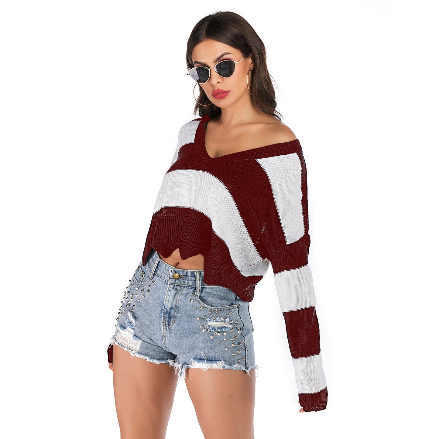 LOVECCR  women's popular autumn and winter sweater women's 2025 wavy edge V-neck striped short open-navel loose knitted sweater