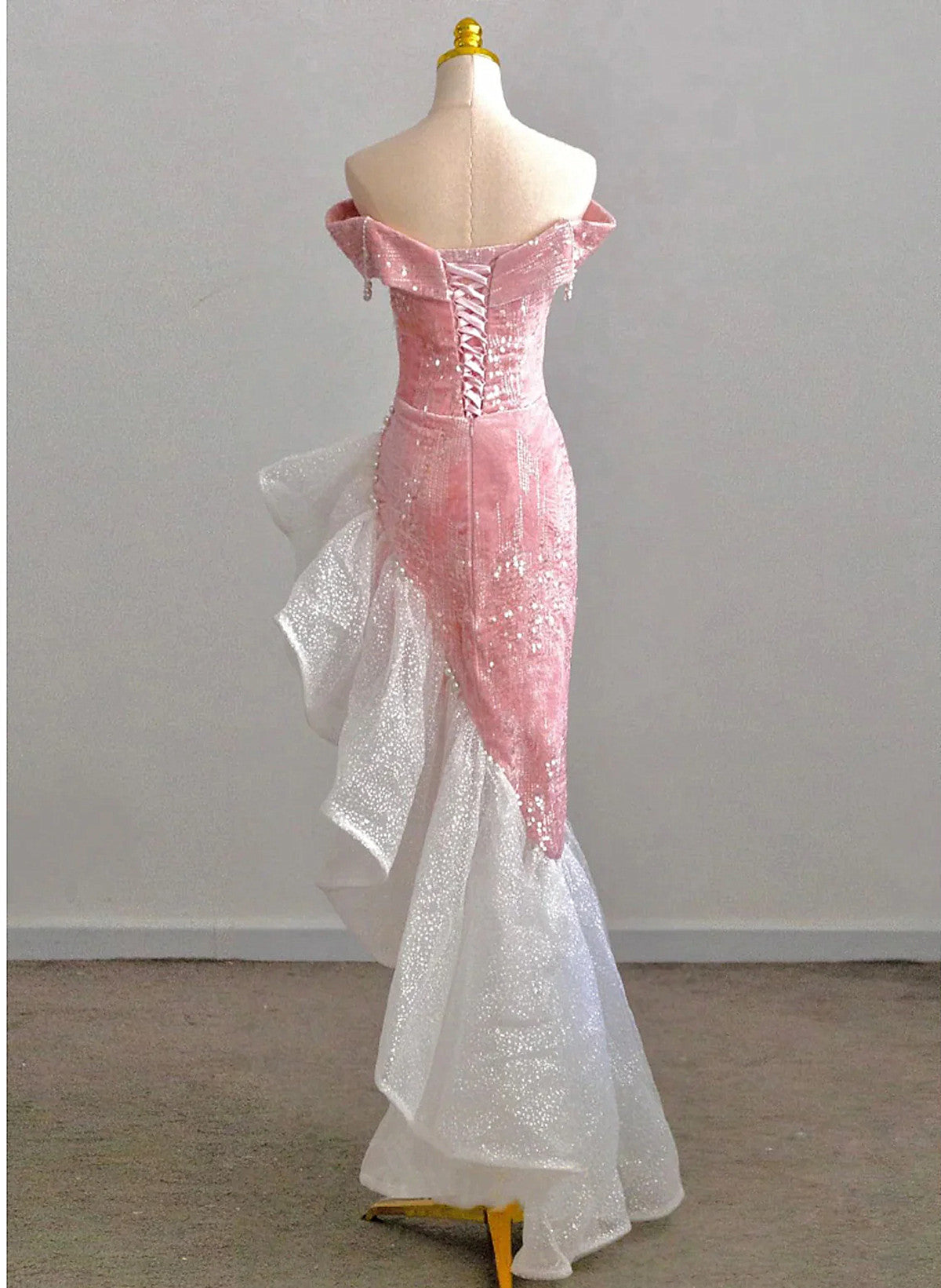 LOVECCRChic Pink High Low Mermaid Off Shoulder Prom Dress, Pink Homecoming Dress