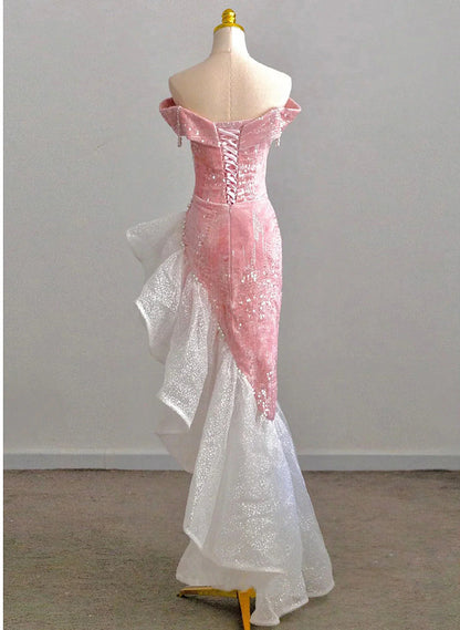 LOVECCRChic Pink High Low Mermaid Off Shoulder Prom Dress, Pink Homecoming Dress