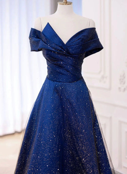 LOVECCRBlue A-line Satin with Tulle Long Prom Dress, Blue Long Evening Dress Party Dress