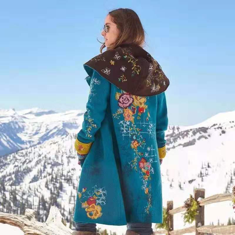 autumn and winter new  New Popular trade women's clothing  medium and long printed top long-sleeved woolen coat