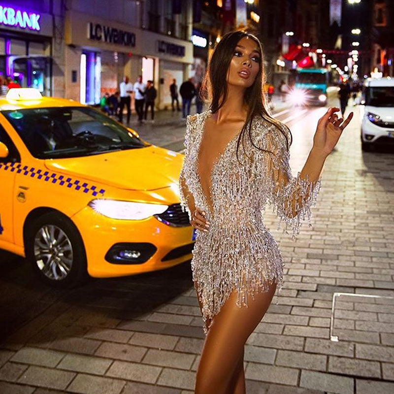 2025 spring and summer 2025 New new women's clothing wish dress sexy perspective sequins fringed deep V miniskirt