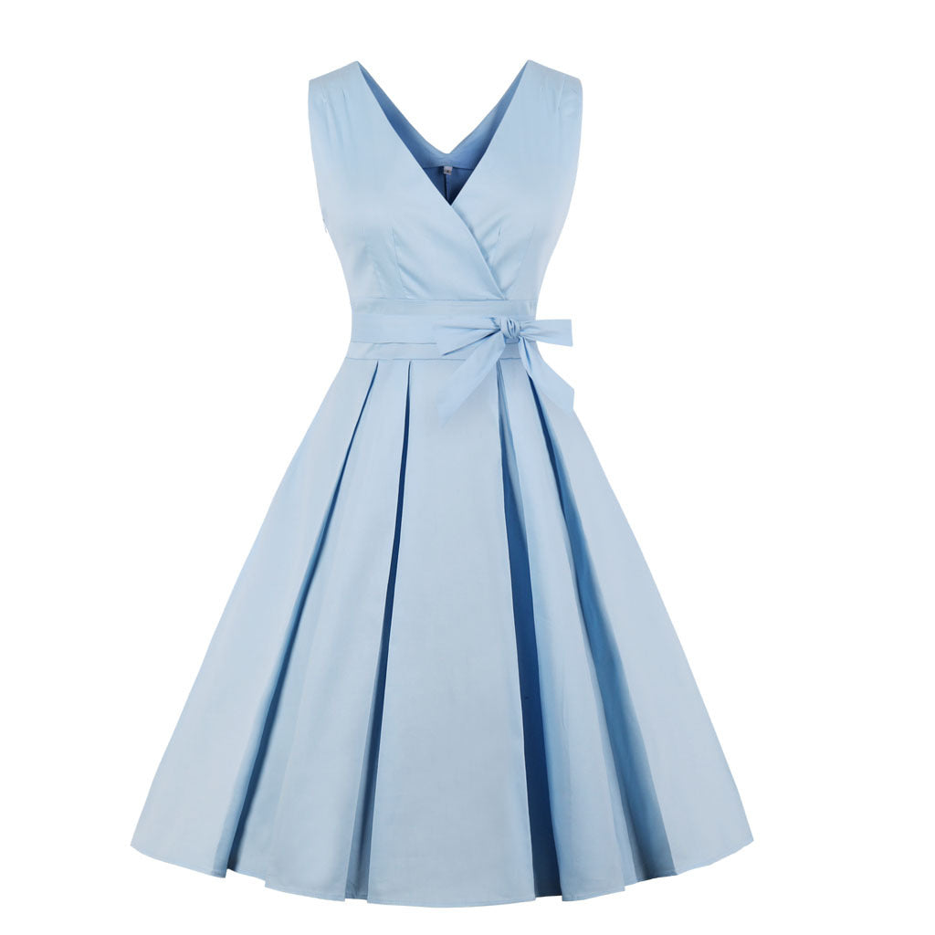 LOVECCR  Cross-Border Women's Clothing New Deep V Sexy Evening Dress Solid Color Retro Dress Pettiskirt Big Swing Skirt 1325