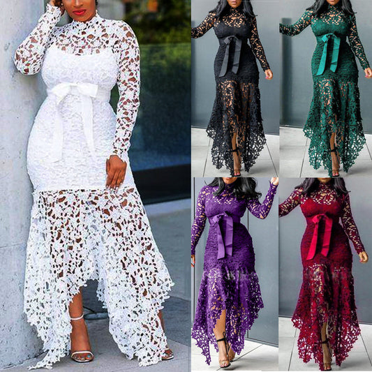 2025 new 2025 Popular trade women's clothing wish lace hollow long-sleeved stand-up collar lace-up 5-color irregular dress