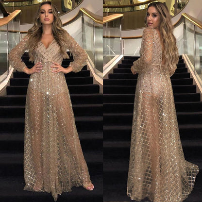 2025 New summer new 2025 women's clothing sexy V-neck backless dress sequined mesh evening dress, long dress