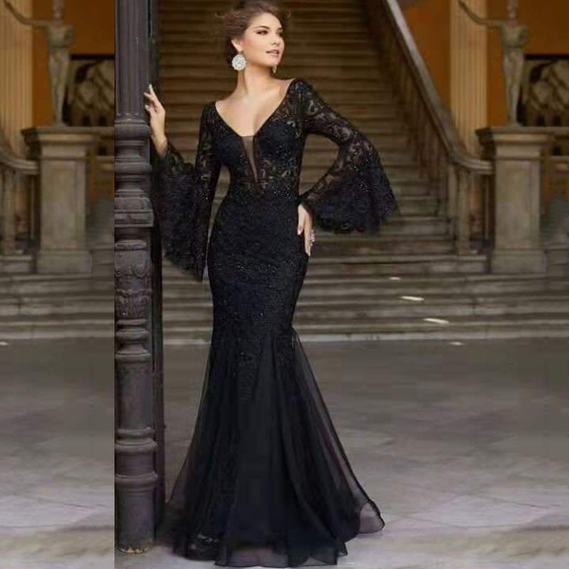 New new  women's clothing  dress lace embroidered fishtail black slim-fitting evening dress