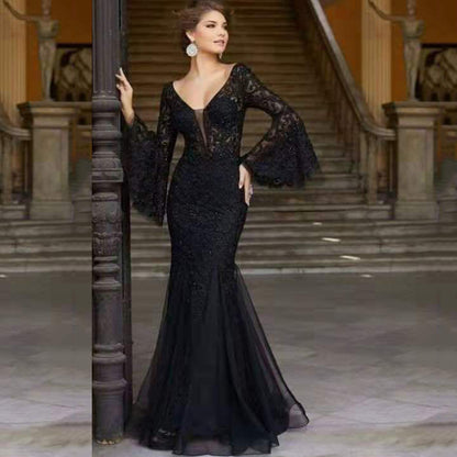 New new  women's clothing  dress lace embroidered fishtail black slim-fitting evening dress