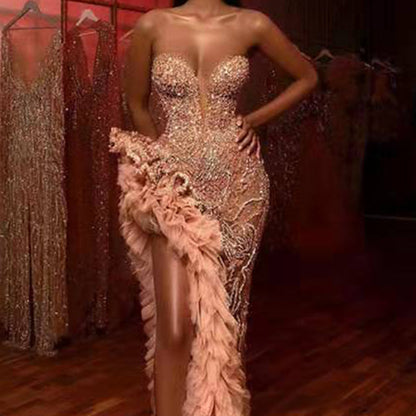 2025 New summer new 2025 women's clothing  dress fringed tail sexy gold tube top evening dress