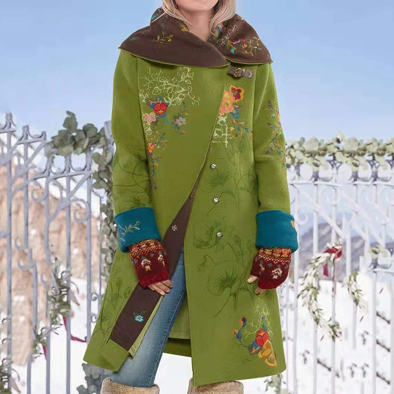 autumn and winter new  New Popular trade women's clothing  medium and long printed top long-sleeved woolen coat