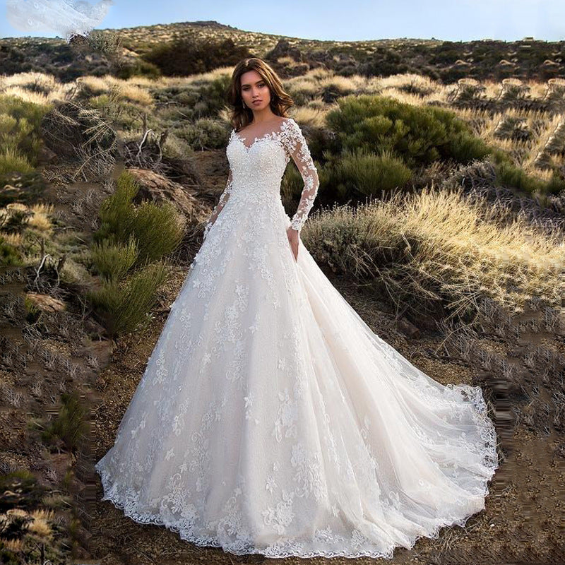 2025 New  Women's Clothing  Dress Long Sleeve Solid Color Perspective Lace Bridal Wedding Dress