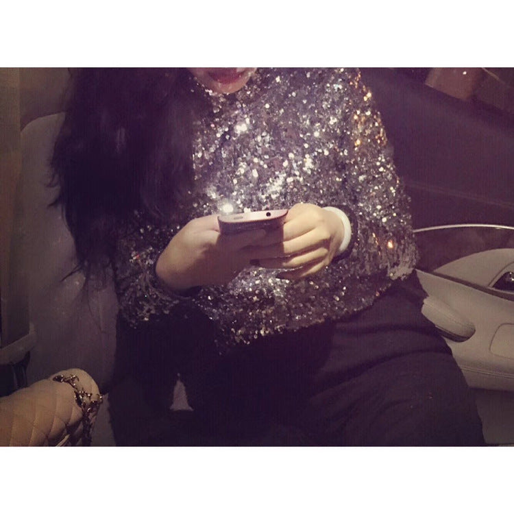 New new  women's clothing  bottoming shirt turtleneck versatile temperament sequined long-sleeved top
