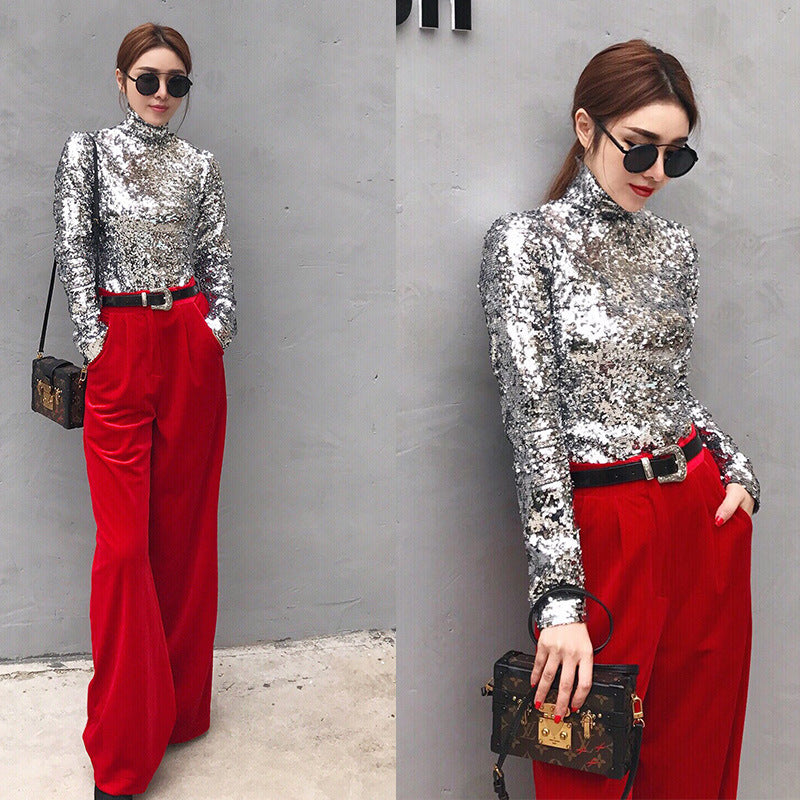 New new  women's clothing  bottoming shirt turtleneck versatile temperament sequined long-sleeved top