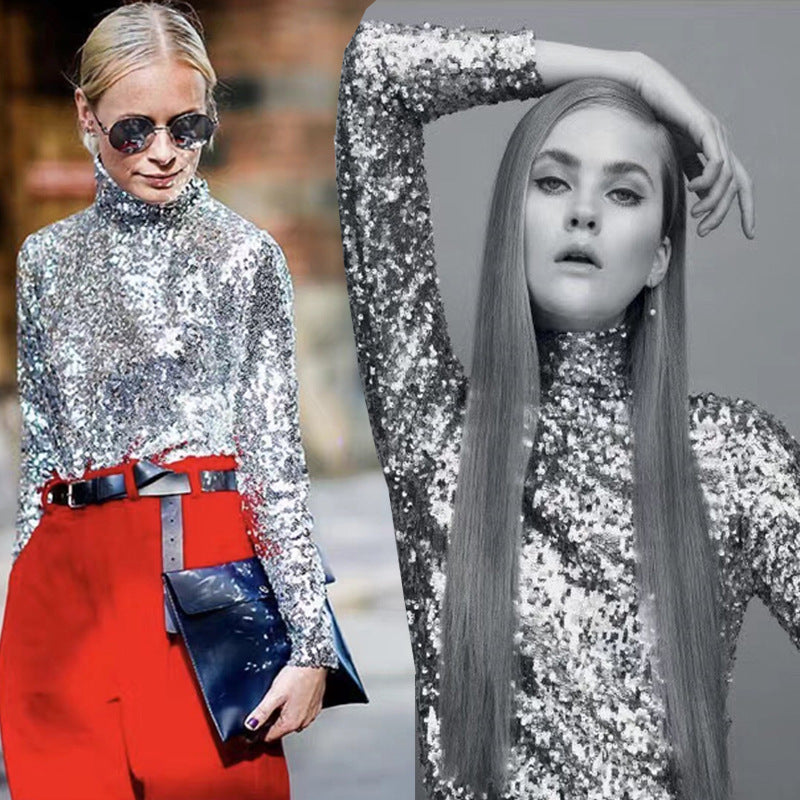 New new  women's clothing  bottoming shirt turtleneck versatile temperament sequined long-sleeved top