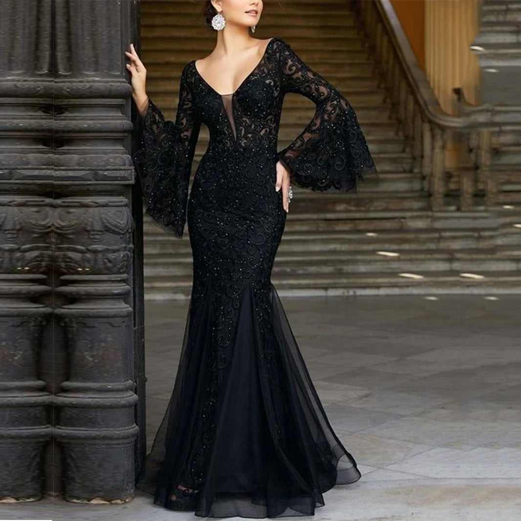 New new  women's clothing  dress lace embroidered fishtail black slim-fitting evening dress