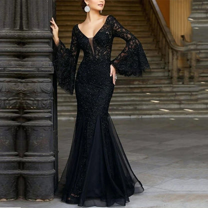 New new  women's clothing  dress lace embroidered fishtail black slim-fitting evening dress